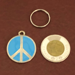 Blue Peace Sign, Large Pewter Circle Tag, Opaque Pastel Tags, Personalized Diamond Engraved, Dog Tag, Cat Tag, For Dog Collar, Cat Collars