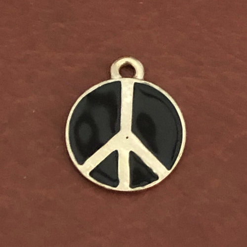 Black Peace Sign Small Pewter Circle Tag Personalized Diamond Engraved Dog Tag, Cat Tag For Dog Collar, For Cat Collar, BPSSPC