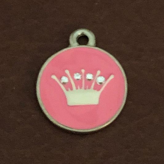 Pink Princess Crown Crystals, Small Circle Tag Personalized Diamond Engraved Tag, Cat Tag, For Dog Collar, For Cat Collar, PPCCSPCT