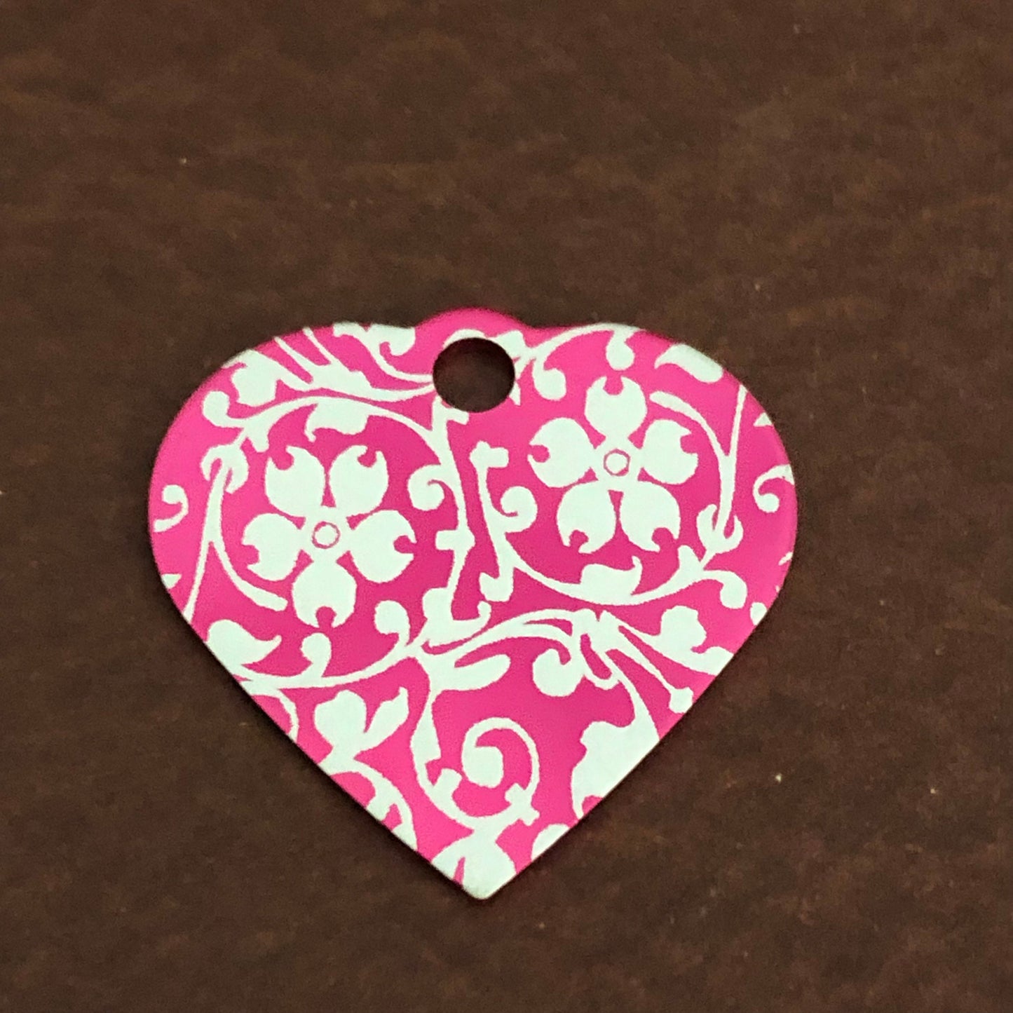 Ornate Floral Print, Small Pink Heart, Aluminum Tag Personalized, Diamond Engraved, Pet Tag, Cat Tag, Dog Tag, For Bags, For Collars, OFPSPH