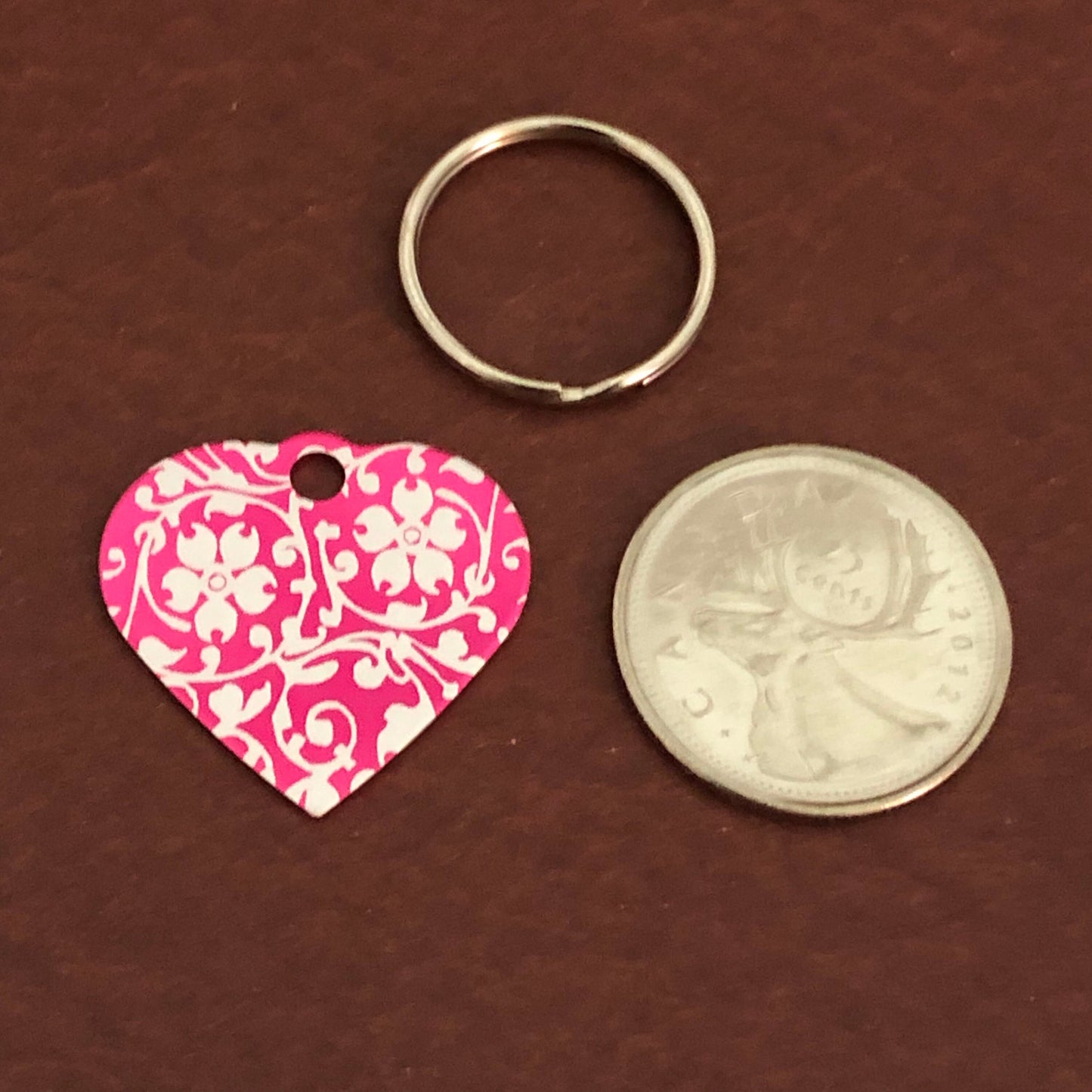 Ornate Floral Print, Small Pink Heart, Aluminum Tag Personalized, Diamond Engraved, Pet Tag, Cat Tag, Dog Tag, For Bags, For Collars, OFPSPH