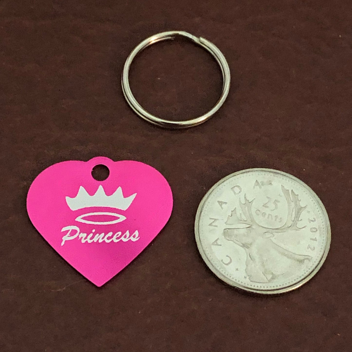 Princess Crown Print Small Pink Heart, Aluminum Tag Personalized Diamond Engraved, Pet Tag, Cat Tag, Dog Tag, For Bags, For Collars. PPCSPH