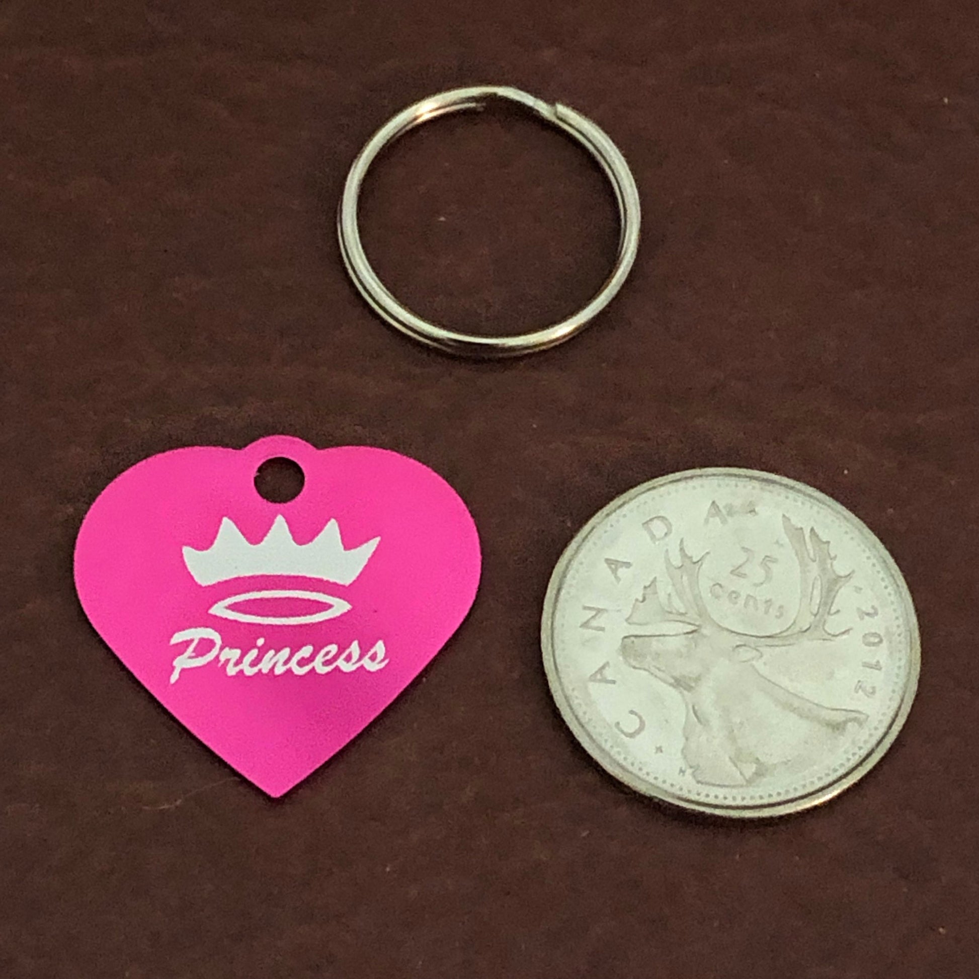 Princess Crown Print Small Pink Heart, Aluminum Tag Personalized Diamond Engraved, Pet Tag, Cat Tag, Dog Tag, For Bags, For Collars. PPCSPH