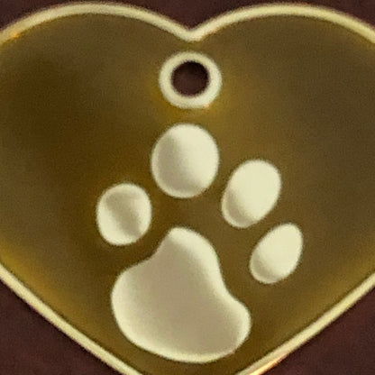 Paw Tag, Large Brown Heart Gold Plated Brass Tag, Pawsh Tag, Diamond Engraved Personalized Dog Tag, Cat Tag, For Dog Collars, PTLBNHG