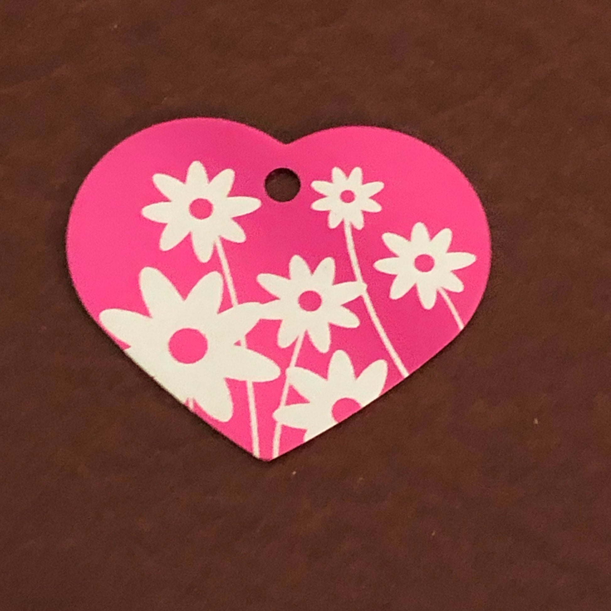 Daisy Floral Print Large Pink Heart Aluminum Tag Diamond Engraved Personalized Dog Tag Cat Tag For Dog Collars For Cat Collars, Bags DFPLPH