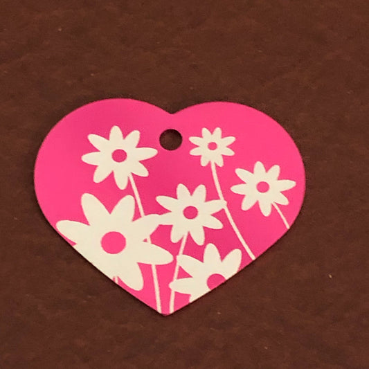 Daisy Floral Print Large Pink Heart Personalized Aluminum Tag, Diamond Engraved, Key Chain, Keychain, For Lost Keys DFPLPH2