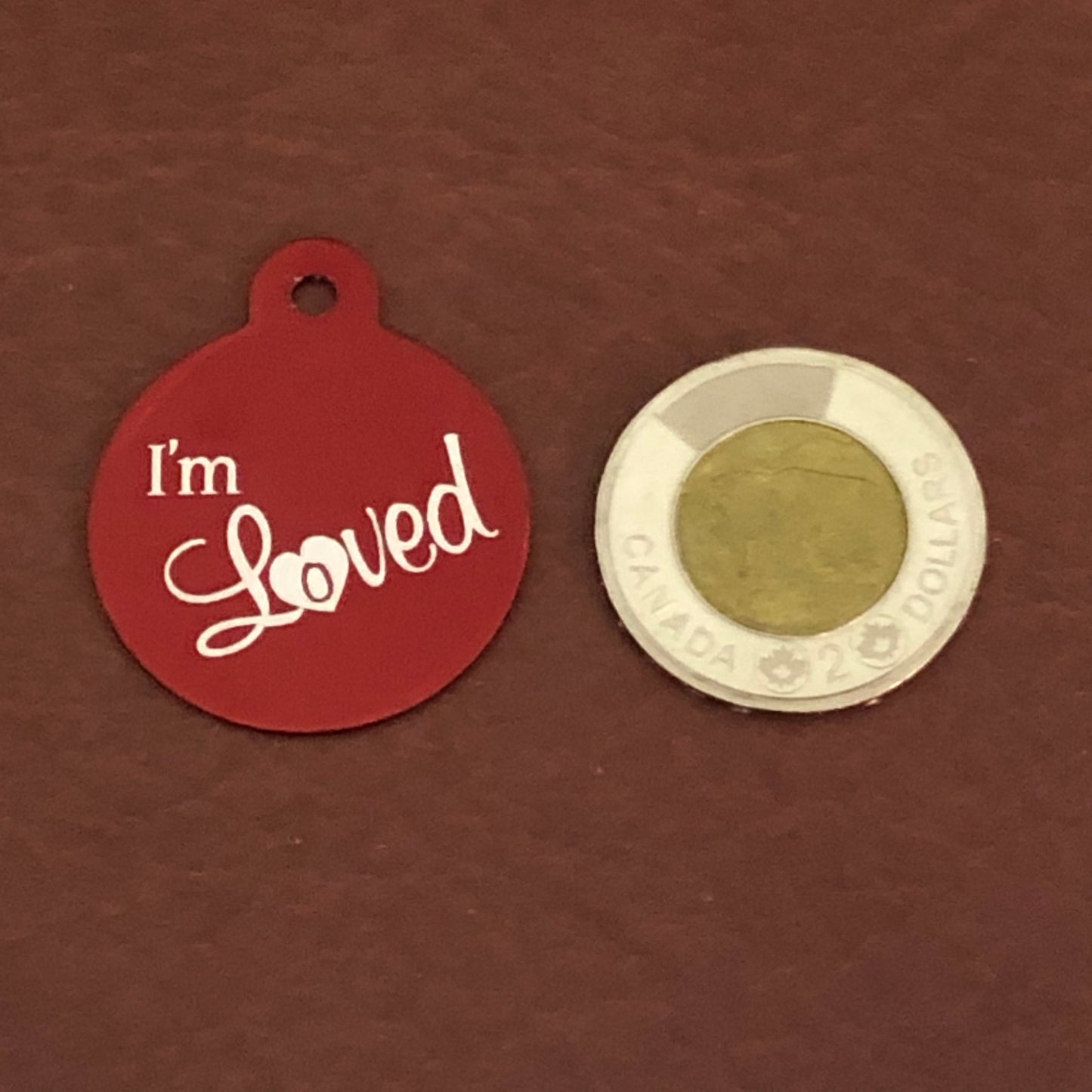 I'm Loved, Large Red Circle, Personalized Aluminum Tag, Diamond Engraved, Id Tag, Dog Tag, Cat Tag, For Cat Collar, For Dog Collar, Lost Pet