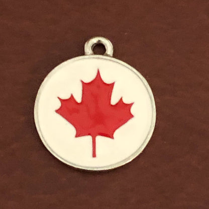 Maple Leaf, Large Pewter Enameled Circle Tag, Personalized Diamond Engraved, Dog Tag, Cat Tag, Collar