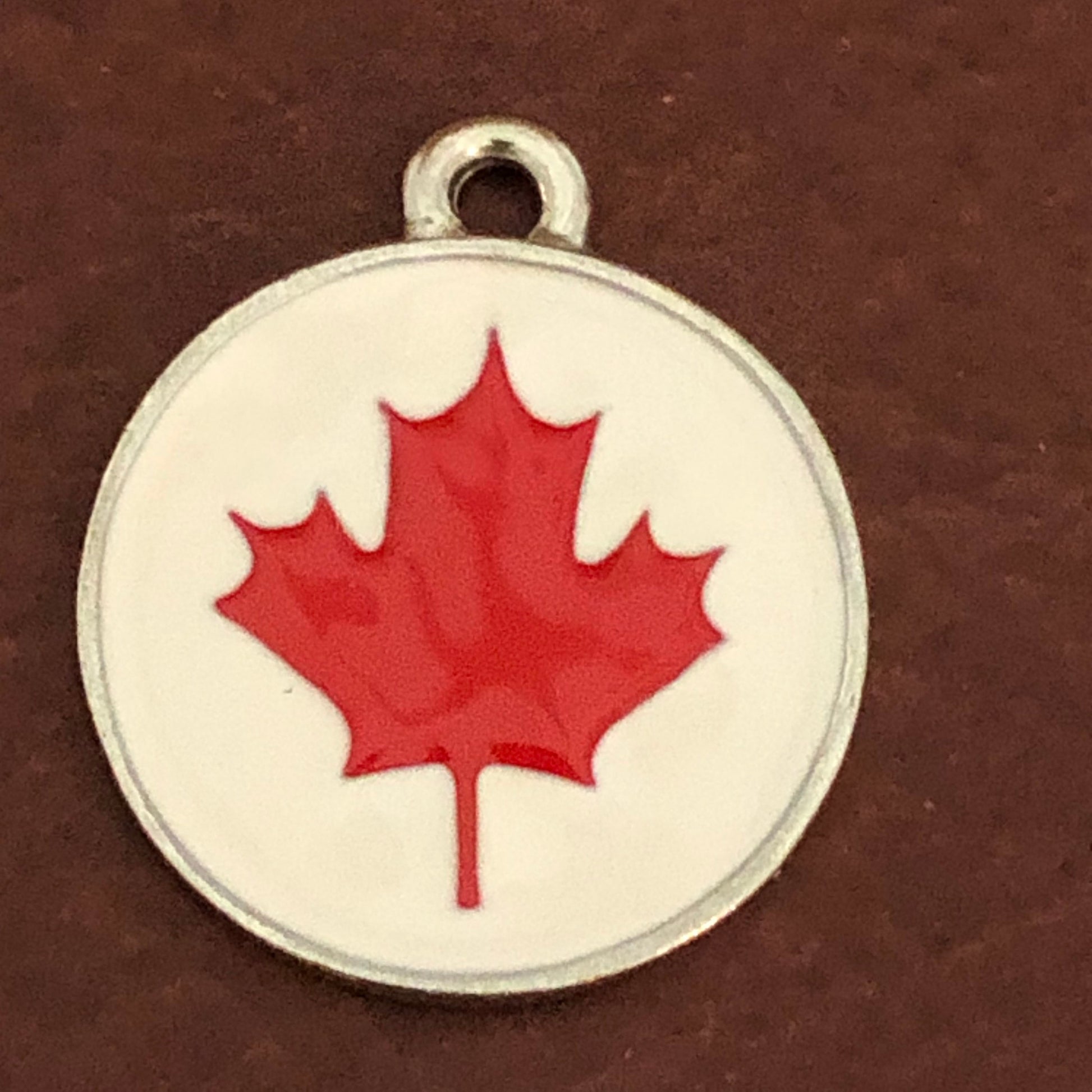 Maple Leaf, Large Pewter Enameled Circle Tag, Personalized Diamond Engraved, Dog Tag, Cat Tag, Collar