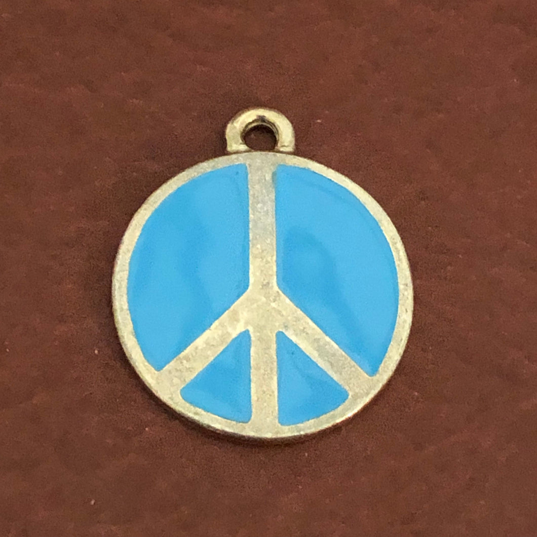 Blue Peace Sign, Large Pewter Circle Tag, Opaque Pastel Tags, Personalized Diamond Engraved, Dog Tag, Cat Tag, For Dog Collar, Cat Collars