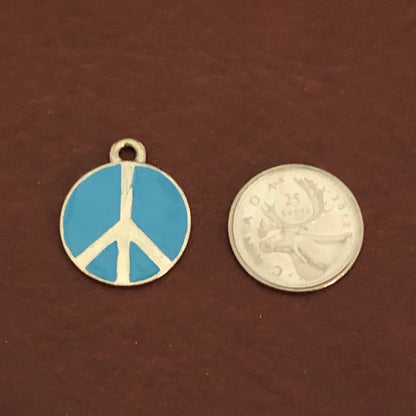 Blue Peace Sign Small Pewter Circle Tag Personalized Diamond Engraved Dog Tag, Cat Tag For Dog Collar, For Cat Collar BPSSPC