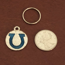 Load image into Gallery viewer, Hammered Horseshoe Tags, Blue Horseshoe, Small Pewter Circle Tag Personalized Diamond Engraved Dog Tag, Cat Tag For Dog Collar, Cat Collar