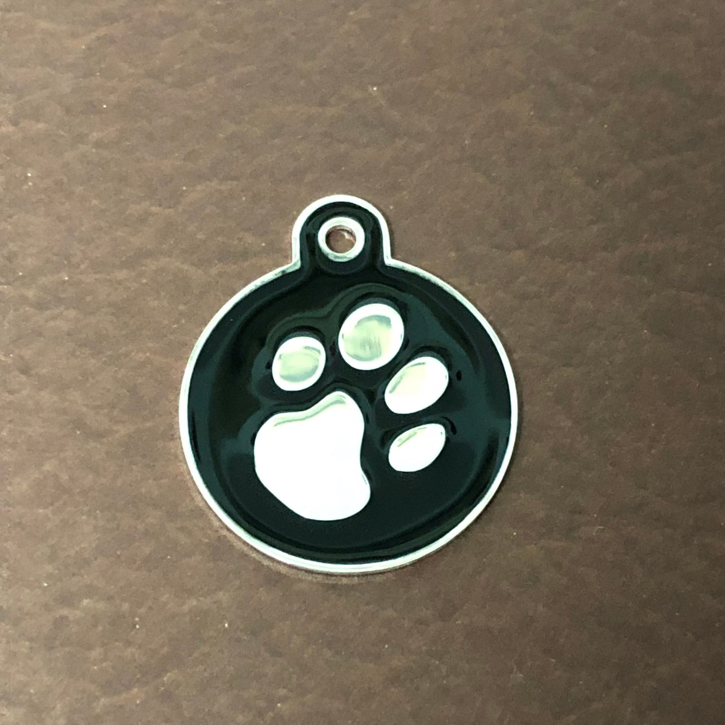 Paw Tag, Large Black Circle Silver Plated Brass Tag, Pawsh Tag, Diamond Engraved Personalized Dog Tag Cat Tag, For Dog Collar. Cat, PTLBKCS