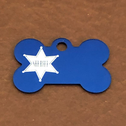 Sheriff Tag, Sheriff, Small Blue Bone, Personalized Aluminum Tag, Diamond Engraved Dog Tag ID Tags, For Dog Collars For Puppy Collar SBSBB