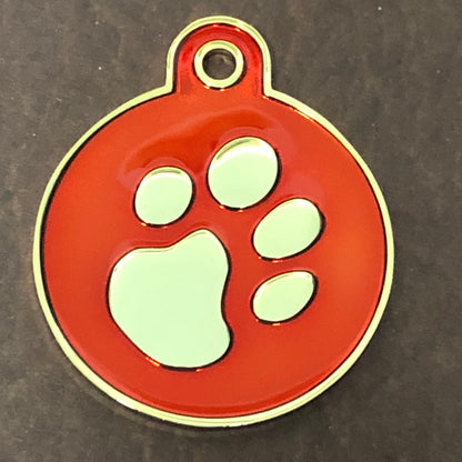 Paw Tag, Large Red Circle Gold Plated Brass Tag, Pawsh Tag, Diamond Engraved Personalized Dog Tag, Cat Tag, For Dog Collars, Cat id, PTLRCG