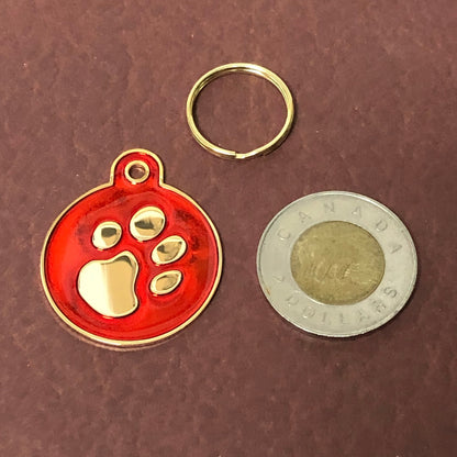 Paw Tag, Large Red Circle Gold Plated Brass Tag, Pawsh Tag, Diamond Engraved Personalized Dog Tag, Cat Tag, For Dog Collars, Cat id, PTLRCG