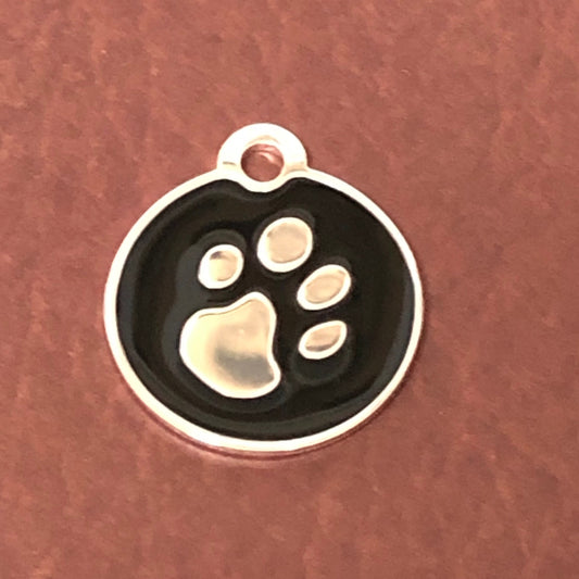 Paw Tag, Small Black Circle Silver Plated Brass Tag, Pawsh Tag