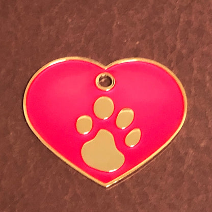 Paw Tag, Large Pink Heart Gold Plated Brass Tag, Pawsh Tag, Diamond Engraved Personalized Dog Tag, Cat Tag, For Dog Collar, PTLPHG