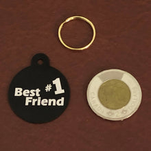 Load image into Gallery viewer, Best Friend #1, BFF, Large Black Circle Tag, Personalized Aluminum Tag, Diamond Engraved, Key Chain, Keychain, For Lost Keys BFBLC2