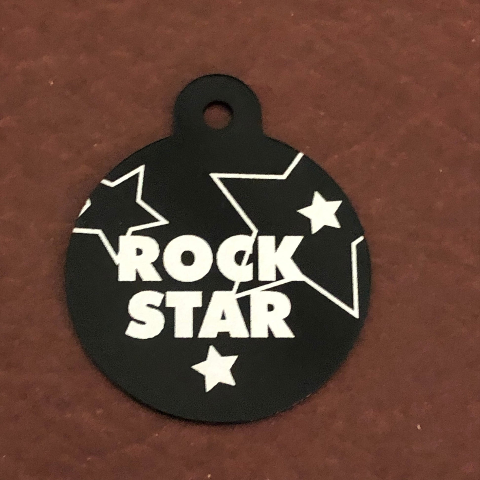 Rock Star, Large Circle Tag, Black Personalized Aluminum Tag, Diamond Engraved Dog Tag, Cat Tag, Animal Tag, Puppy Tag, For Dog Collar