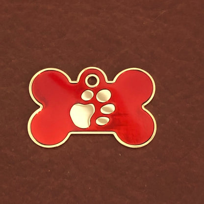 Paw Tag, Large Red Bone Gold Plated Brass Tag, Pawsh Tag, Diamond Engraved Personalized Dog Tag, Puppy Tag, For Dog Collars, Lost Dog PTLRBG