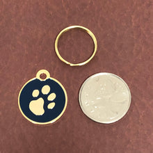 Load image into Gallery viewer, Paw Tag, Small Blue Circle Gold Plated Brass Tag, Pawsh Tag, Diamond Engraved Personalized Dog Tag, Cat Tag, For Dog Collar, Cat ID, PTSBECG