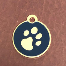 Load image into Gallery viewer, Paw Tag, Small Blue Circle Gold Plated Brass Tag, Pawsh Tag, Diamond Engraved Personalized Dog Tag, Cat Tag, For Dog Collar, Cat ID, PTSBECG