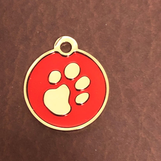 Paw Tag, Small Red Circle Gold Plated Brass Tag, Pawsh Tag, Diamond Engraved Personalized Dog Tag, Cat Tag, For Dog Collar Cat ID, PTSRCG