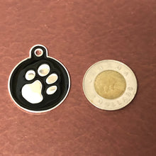 Load image into Gallery viewer, Paw Tag, Large Black Circle Silver Plated Brass Tag, Pawsh Tag, Diamond Engraved Personalized Dog Tag Cat Tag, For Dog Collar. Cat, PTLBKCS