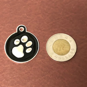Paw Tag, Large Black Circle Silver Plated Brass Tag, Pawsh Tag, Diamond Engraved Personalized Dog Tag Cat Tag, For Dog Collar. Cat, PTLBKCS