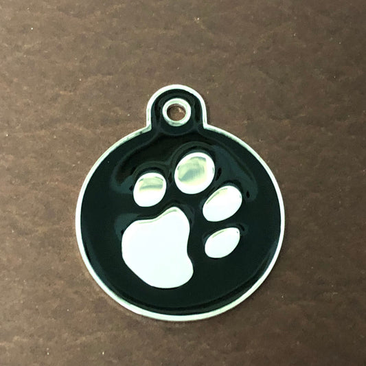 Paw Tag, Large Black Circle Silver Plated Brass Tag, Pawsh Tag, Diamond Engraved Personalized Dog Tag Cat Tag, For Dog Collar. Cat, PTLBKCS