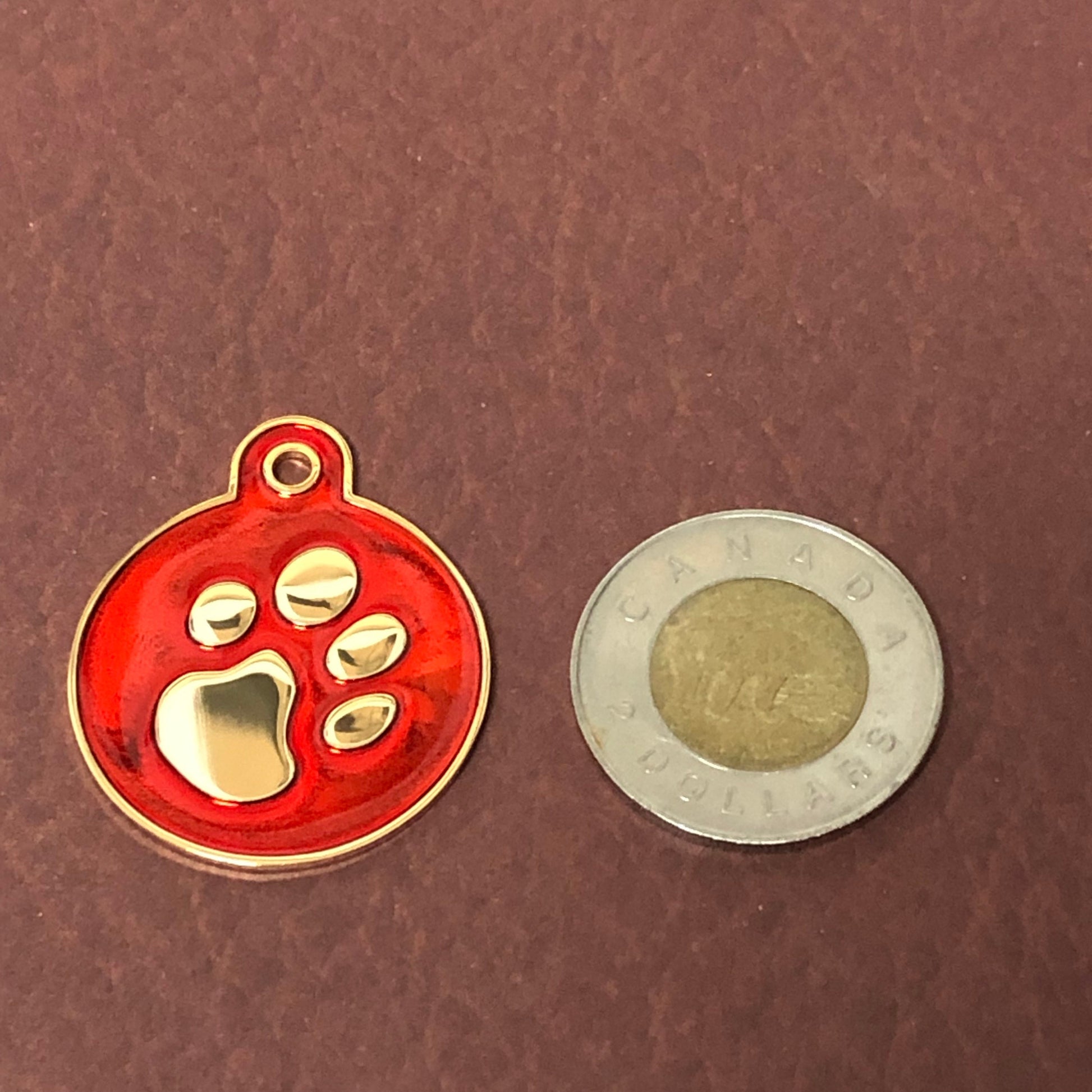 Paw Tag, Large Red Circle Gold Plated Brass Tag, Pawsh Tag, Diamond Engraved Personalized Dog Tag, Cat Tag, For Dog Collars, Cat id, PTLRCG