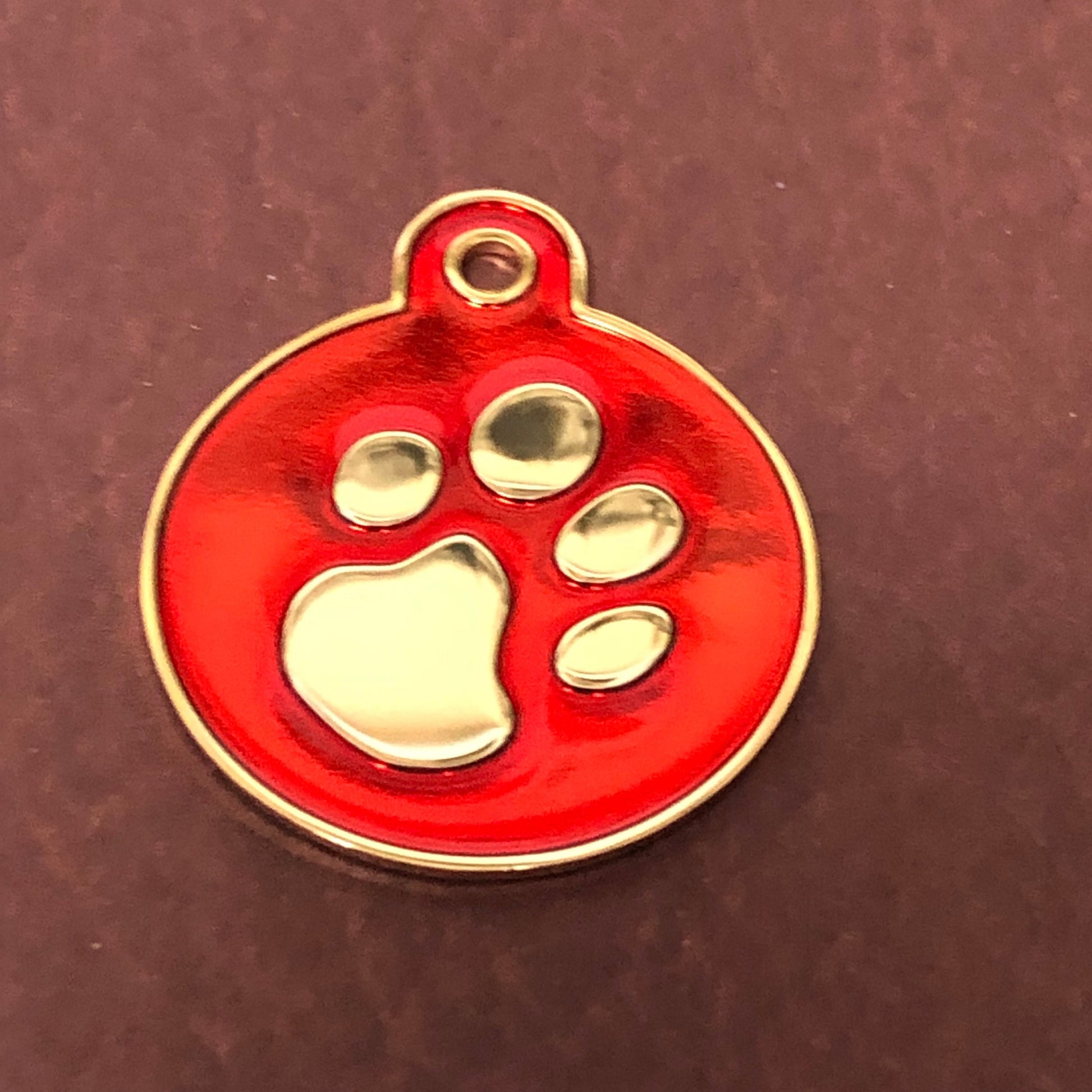 Paw Tag, Large Red Circle Gold Plated Brass Tag, Pawsh Tag, Diamond Engraved Personalized Dog Tag, Cat Tag, For Dog Collars, Cat id, PTLRCG