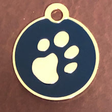 Load image into Gallery viewer, Paw Tag, Small Blue Circle Gold Plated Brass Tag, Pawsh Tag, Diamond Engraved Personalized Dog Tag, Cat Tag, For Dog Collar, Cat ID, PTSBECG