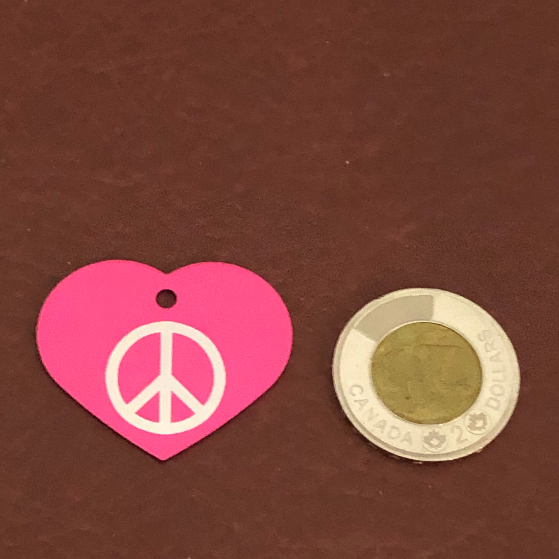 Peace Sign, Large Pink Heart, Aluminum Tag, Diamond Engraved, Personalized Dog Tag, Cat Tag For Dog Collars Cat Collars For Backpacks PSLPH2