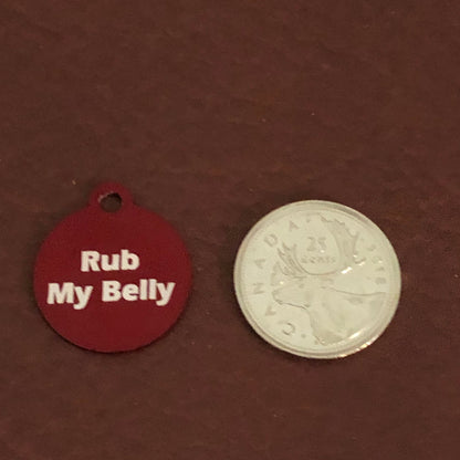 Rub My Belly, Small Red Circle Aluminum Tag, Personalized Diamond Engraved, Cat Tag, Dog Tag, Pet ID Tags, Lost Pet, For Dog Collar, RMBSRC