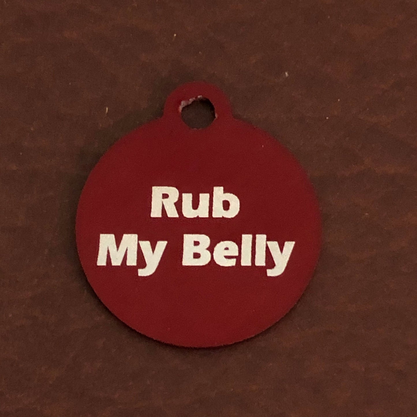 Rub My Belly, Small Red Circle Aluminum Tag, Personalized Diamond Engraved, Cat Tag, Dog Tag, Pet ID Tags, Lost Pet, For Dog Collar, RMBSRC