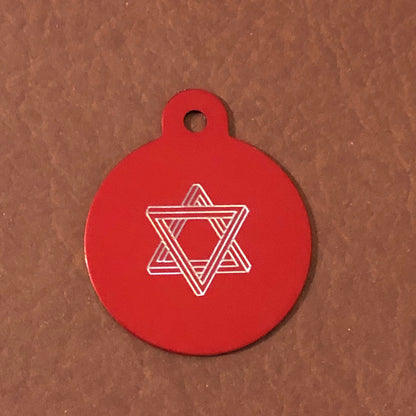 The Star of David, Magen David, Large Circle Aluminum Tag Personalized Diamond Engraved, For Bags, Backpacks, Key Chains, CAdAPLCT2