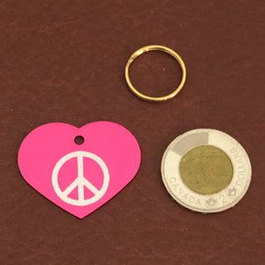 Peace Sign, Large Pink Heart, Aluminum Tag, Diamond Engraved, Personalized Dog Tag, Cat Tag For Dog Collars, Cat Collars For Backpacks PSLPH