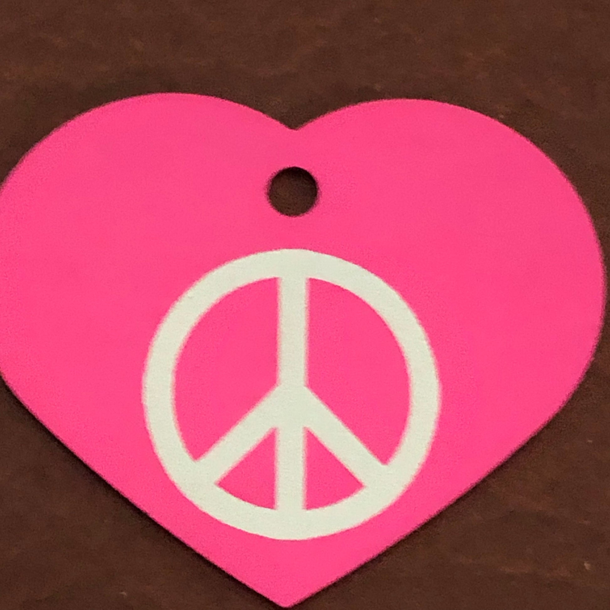 Peace Sign, Large Pink Heart, Aluminum Tag, Diamond Engraved, Personalized Dog Tag, Cat Tag For Dog Collars Cat Collars For Backpacks PSLPH2