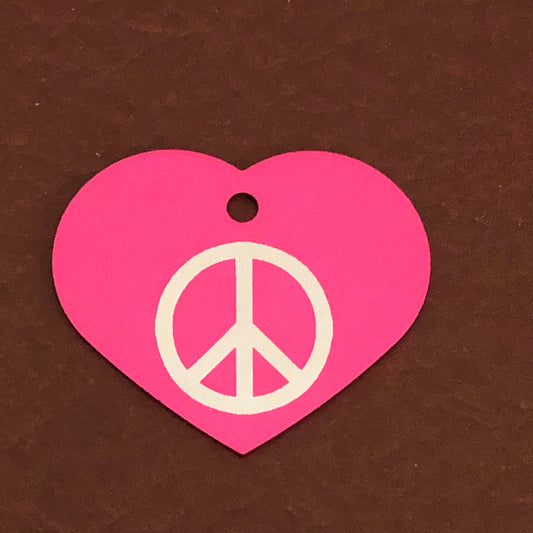 Peace Sign, Large Pink Heart, Aluminum Tag, Diamond Engraved, Personalized Dog Tag, Cat Tag For Dog Collars Cat Collars For Backpacks PSLPH2