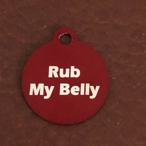 Rub My Belly, Small Red Circle Aluminum Tag, Personalized Diamond Engraved, Cat Tag, Dog Tag, Pet ID Tags, Lost Pet, For Dog Collar, RMBSRC