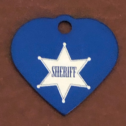 Sheriff, Sheriff Star, Small Blue Heart Aluminum Tag Personalized Diamond Engraved Pet Tag, Cat Tag, Dog Tag, For Dog Collars, SBSBH