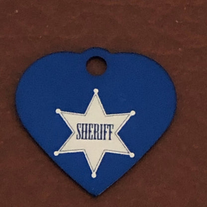 Sheriff, Sheriff Star, Small Blue Heart Aluminum Tag Personalized Diamond Engraved Pet Tag, Cat Tag, Dog Tag, For Dog Collars, SBSBH