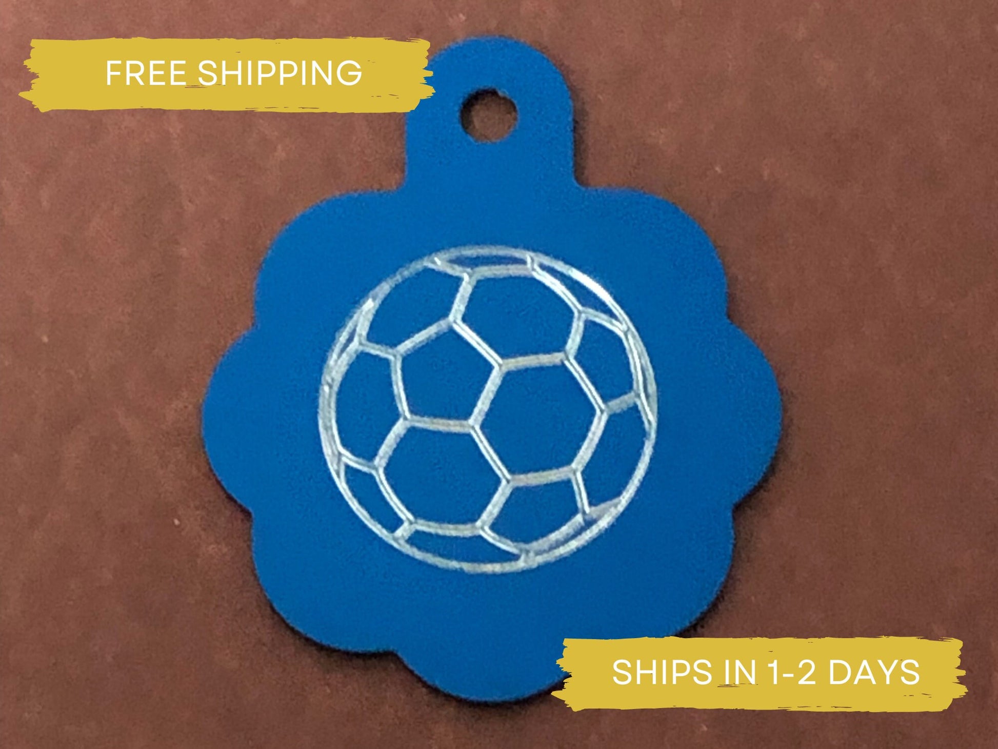 Soccer Ball, Large Blue Rosette Tag, Personalized Aluminum Tag, Diamond Engraved, For Dog Cat Tag ID Tag Kitty Tag Puppy Tag CAxALBRT