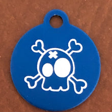 Load image into Gallery viewer, Cartoon Skull and Bones Crossbones Small Blue Circle Aluminum Tag Personalized Diamond Engraved Dog Tag Cat Tag ID Tag Pet tag Puppy Tag