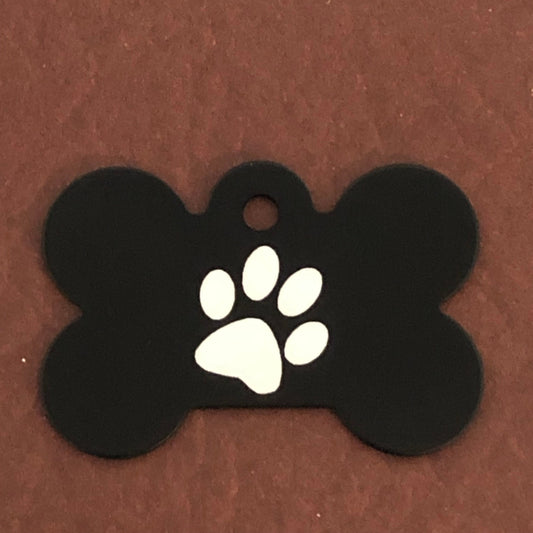 Paw Print, Large Black Bone Tag, Personalized Aluminum Tag, Diamond Engraved, Dog Tag, Puppy Tag, For Dog Collar, Lost Dog ID, PPBLBB