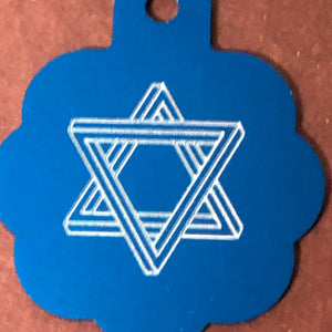 The Star of David, Magen David, Large Blue Rosette Tag, Personalized Aluminum Tag, Diamond Engraved, For Dog Cat Tag ID keychain CAdALBRT
