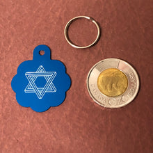 Load image into Gallery viewer, The Star of David, Magen David, Large Blue Rosette Tag, Personalized Aluminum Tag, Diamond Engraved, For Dog Cat Tag ID keychain CAdALBRT