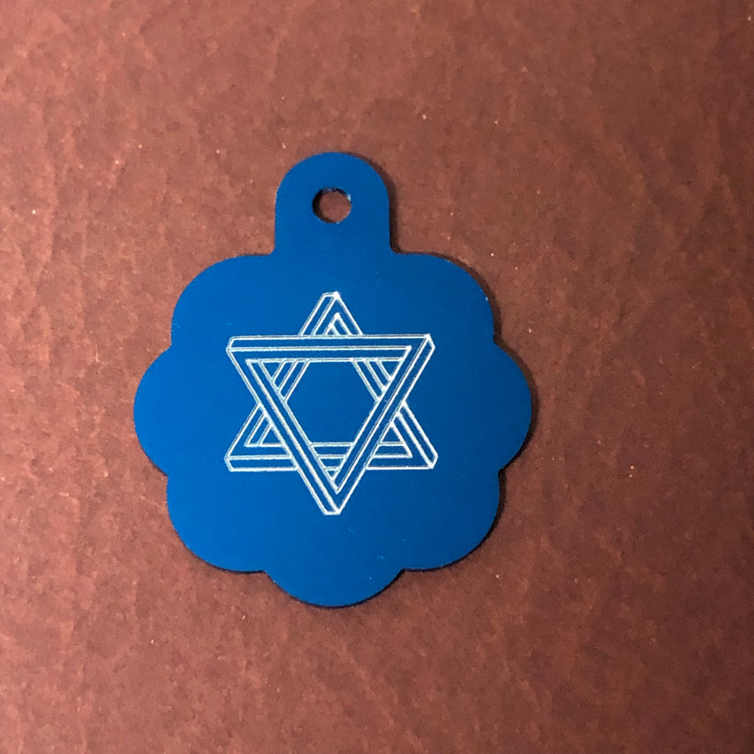 The Star of David, Magen David, Large Blue Rosette Tag, Personalized Aluminum Tag, Diamond Engraved, For Dog Cat Tag ID keychain CAdALBRT